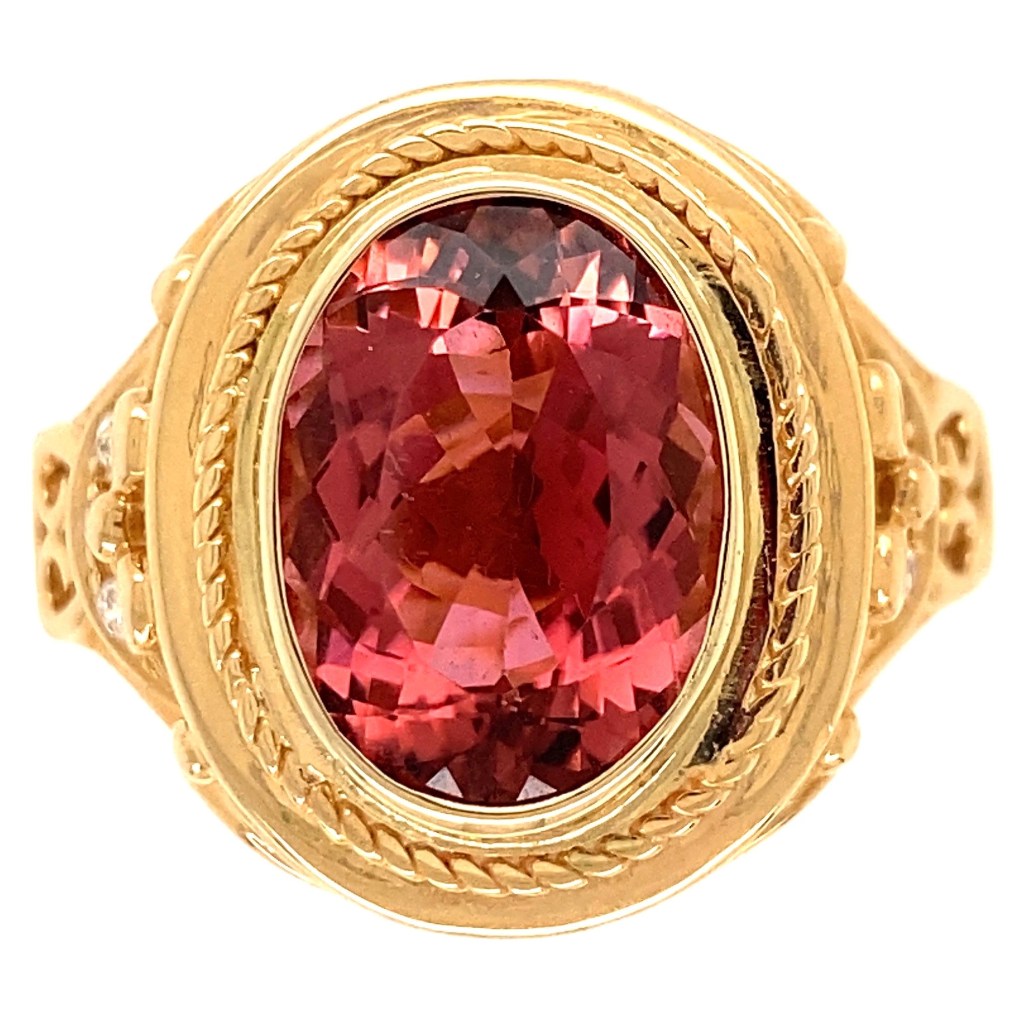 6.10 Carat Oval Pink Tourmaline and Diamond Gold Cocktail Ring For Sale