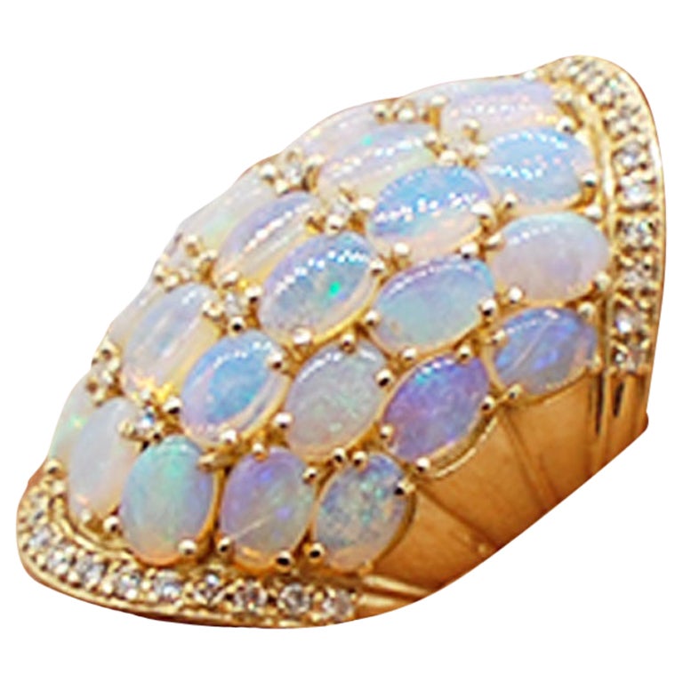 Ethiopian Opal Opal Cluster & Diamond Dome Ring 14 Karat