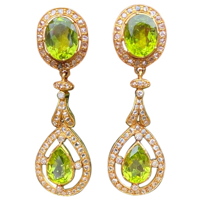 Art Deco Style Chandelier Peridot and Diamond Rose Cut Earrings 1 Carat Dangel For Sale