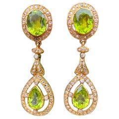 Art Deco Style Chandelier Peridot and Diamond Rose Cut Earrings 1 Carat Dangel