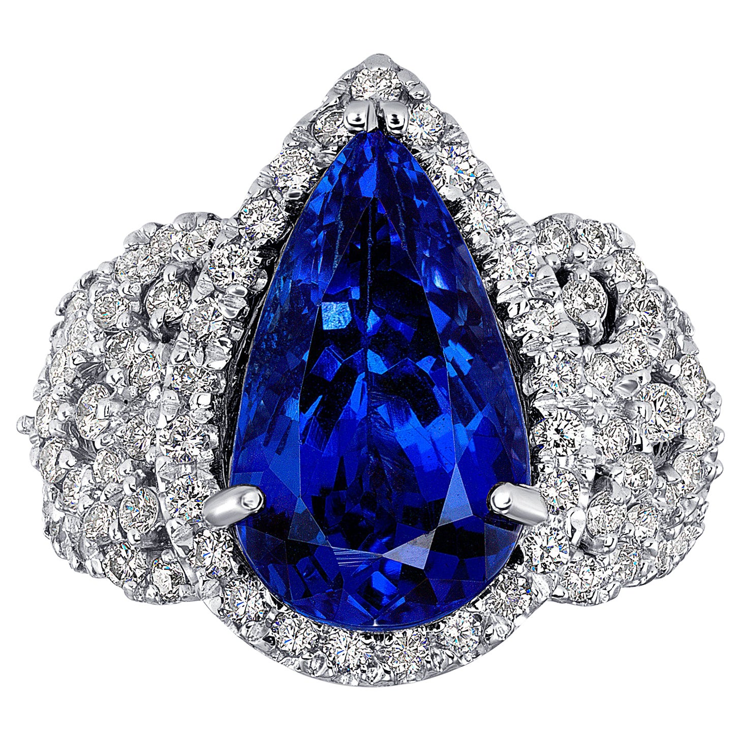 6.38ct Neon Blue Tanzanite 18K White Gold Ring For Sale