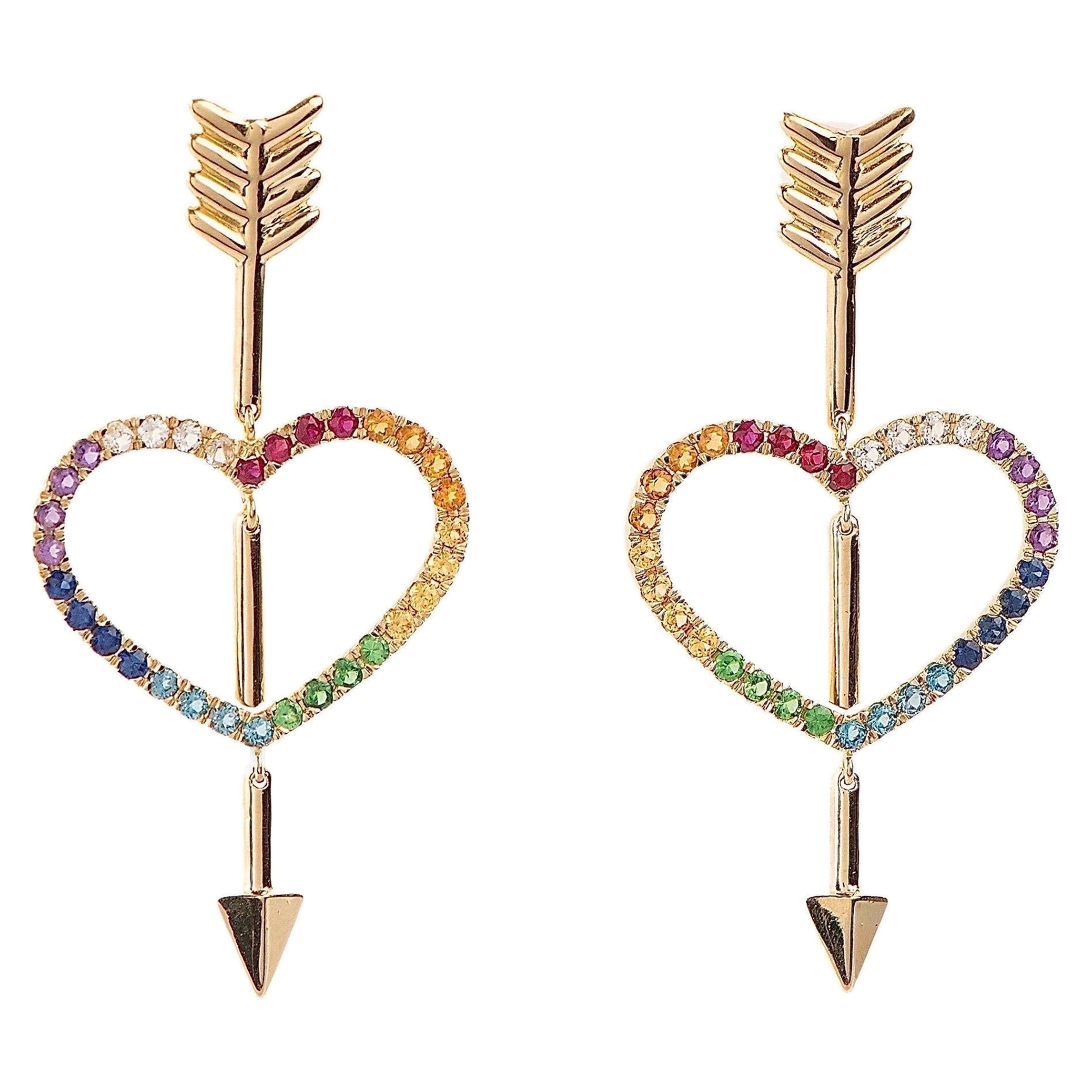 Maria Kotsoni, 18K Yellow Gold Rainbow Gemstone Heart & Arrow Dangle Earrings