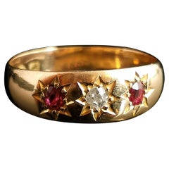 Antique Ruby and Diamond Gypsy Set Ring, 18 Karat Yellow Gold, Edwardian