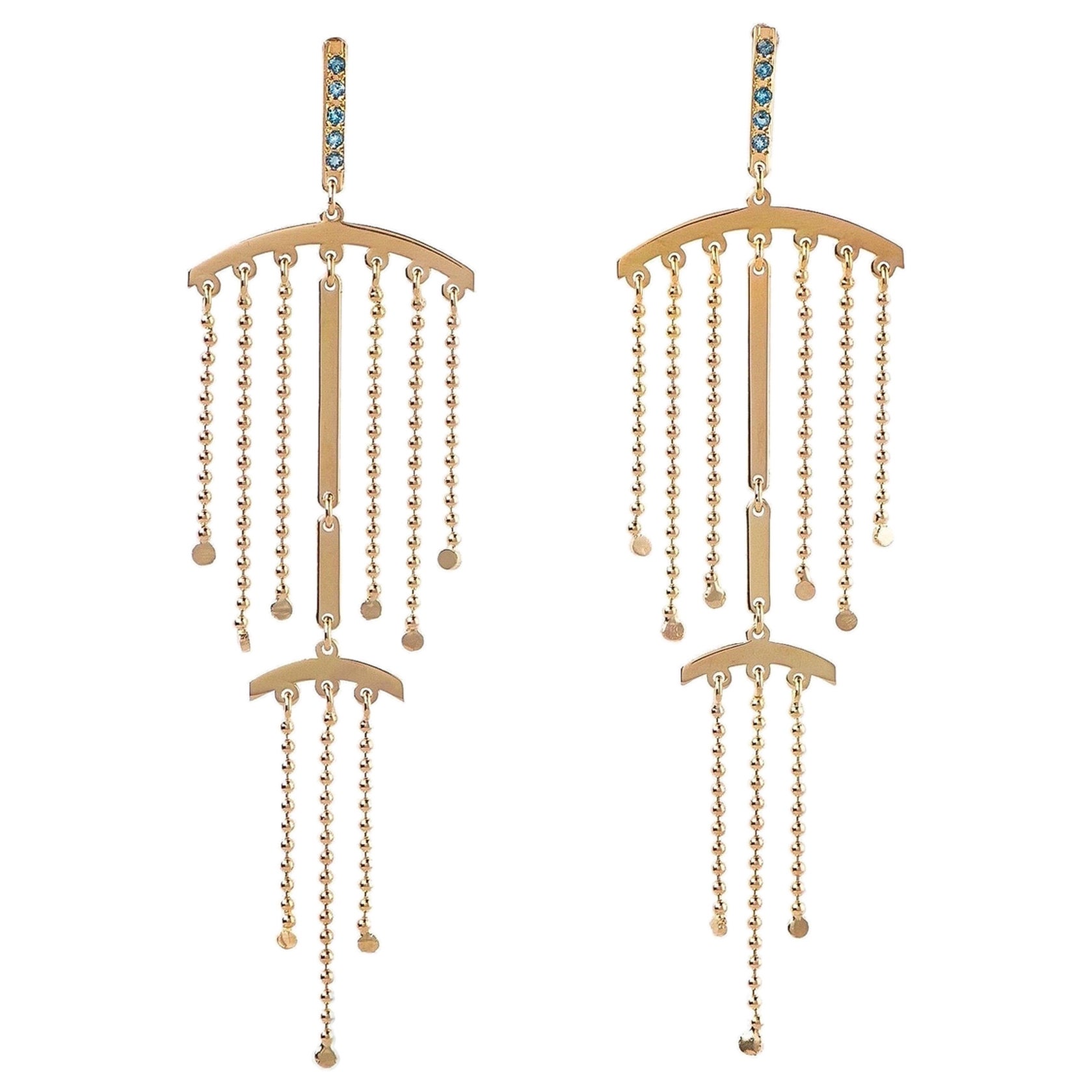 Maria Kotsoni, Contemporary 18K Gold, Blue Topaz Long Chandelier Dangle Earrings