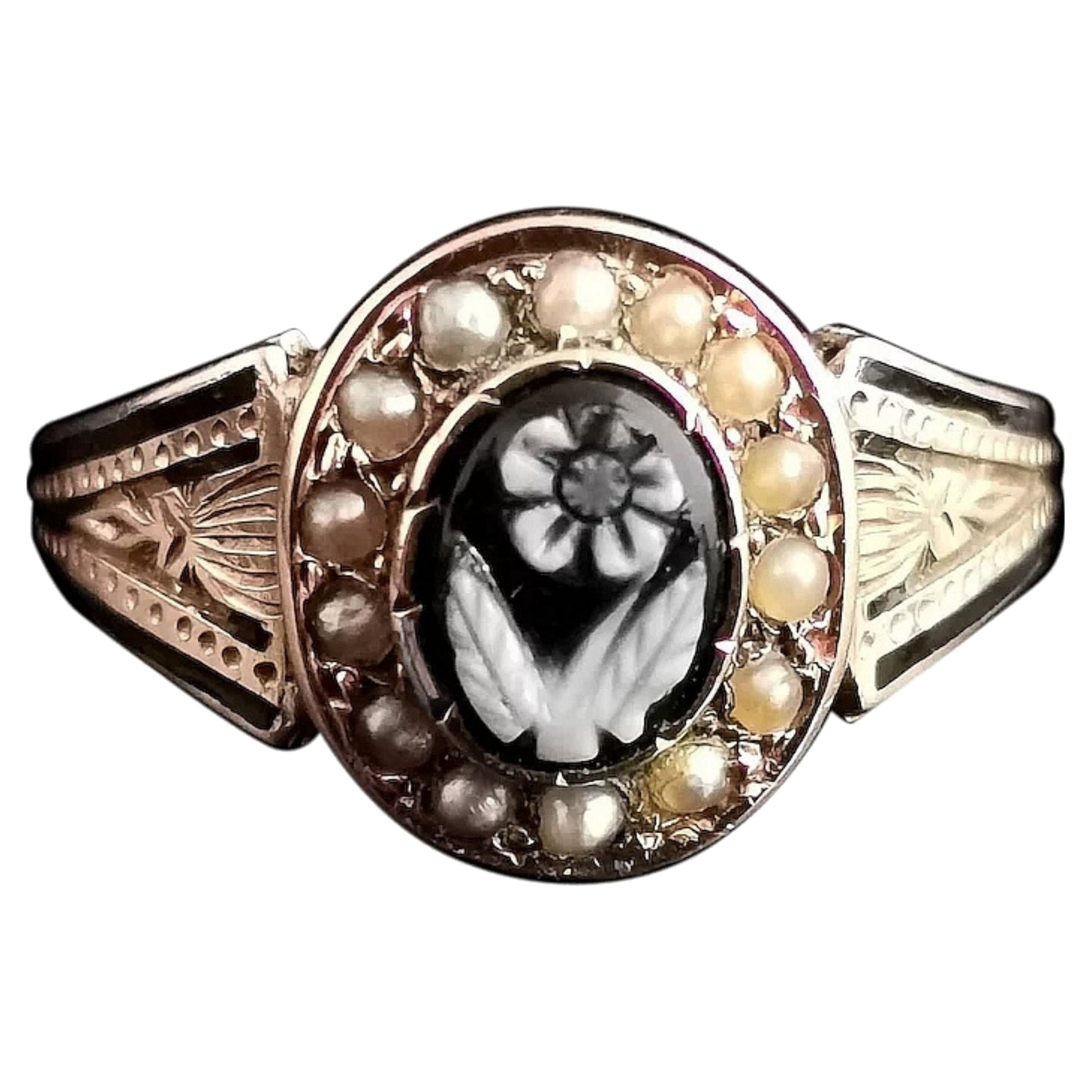 Victorian Mourning Ring, 15k Gold and Black Enamel, Agate Forget Me Not, Pearl