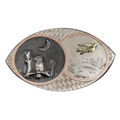 Victorian Silver Day and Night Brooch, Owl and Swallow, 9 Karat Gold
