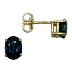 Deep Blue 1.52 Carat Australian Sapphire 14k Yellow Gold Oval Cut Earring Studs