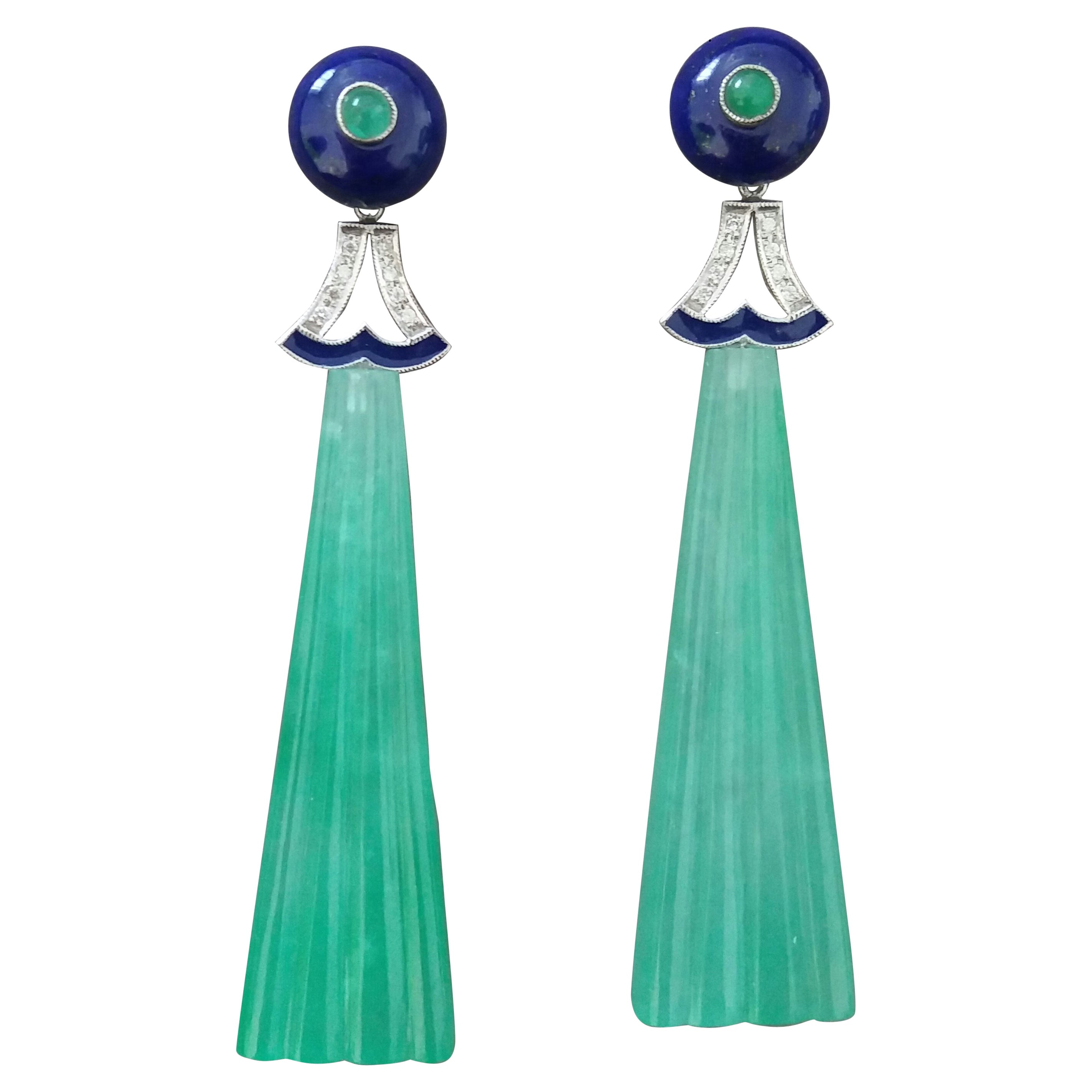 Art Deco Style LapisLazuli Jade Gold Diamond Emerald Blue Enamel Dangle Earrings For Sale