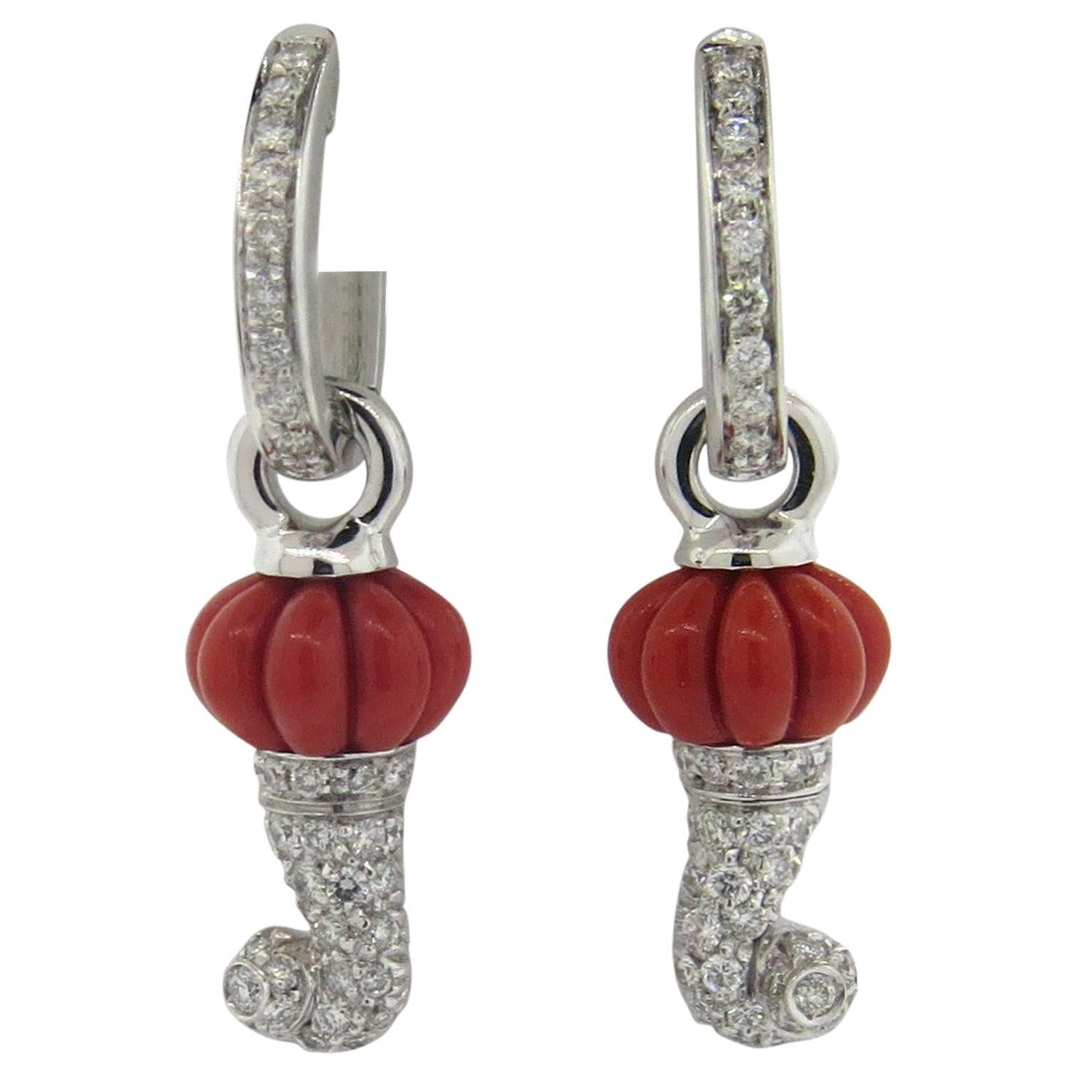 Chantecler Carved Coral Diamond Gold Drop Earrings