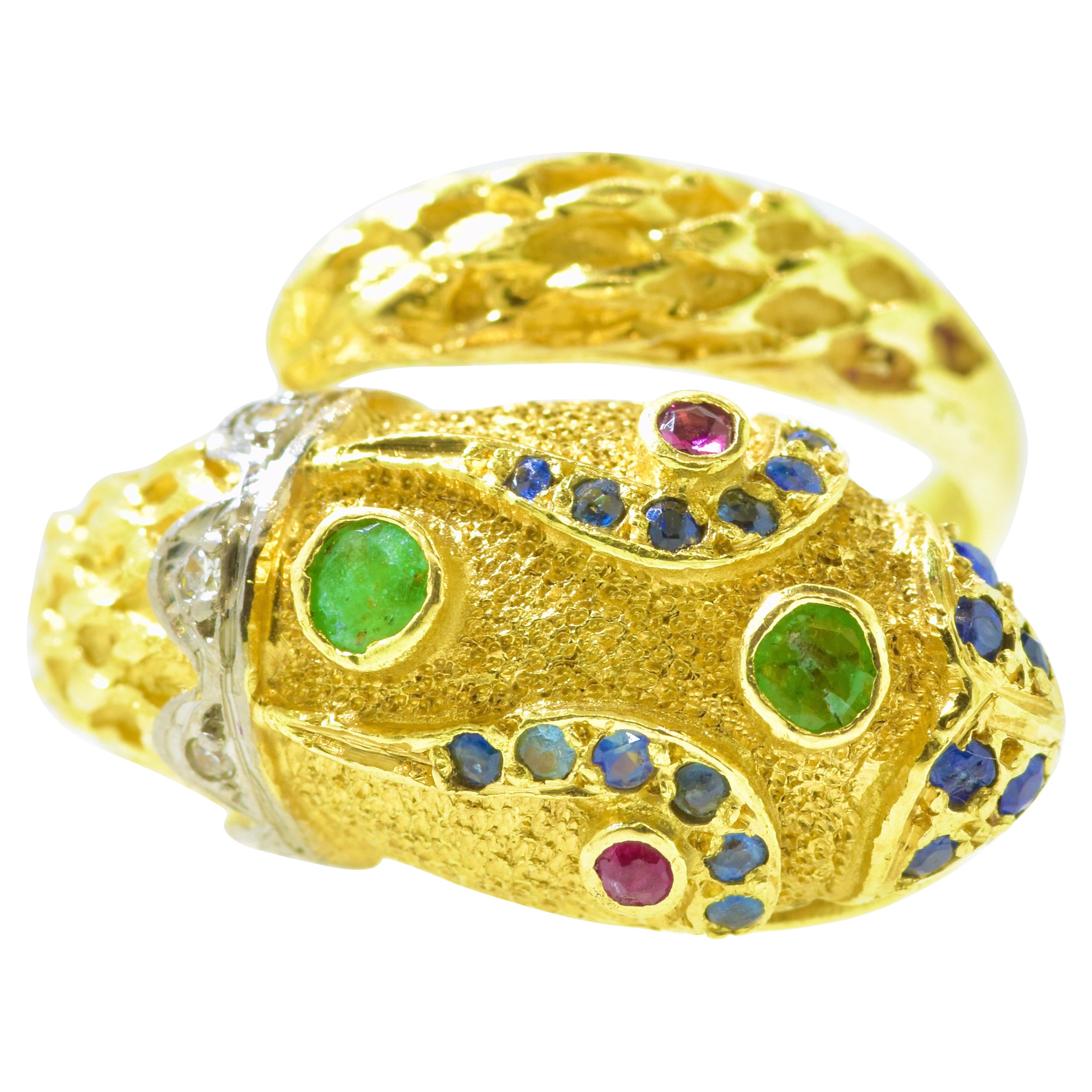 18K Yellow Gold, Diamond, Ruby, Emerald and Sapphire Snake Ring