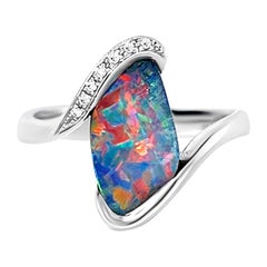 Natural Untreated Australian 2.96ct Boulder Opal Ring in 18K White Gold