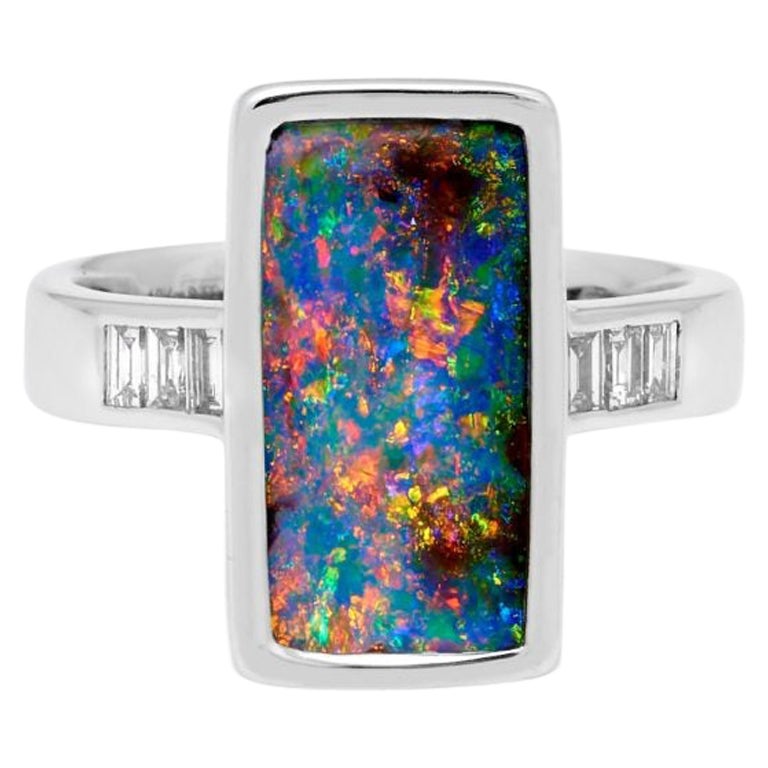 Natural Untreated Australian 4.94ct Boulder Opal Ring in 18K White Gold