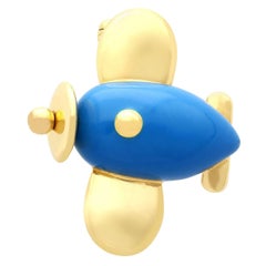 1950s Vintage Yellow Gold and Enamel Aeroplane Brooch