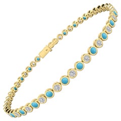 Diamond & Turquoise Bezel Set Tennis Bracelet in 18 Karat Yellow Gold