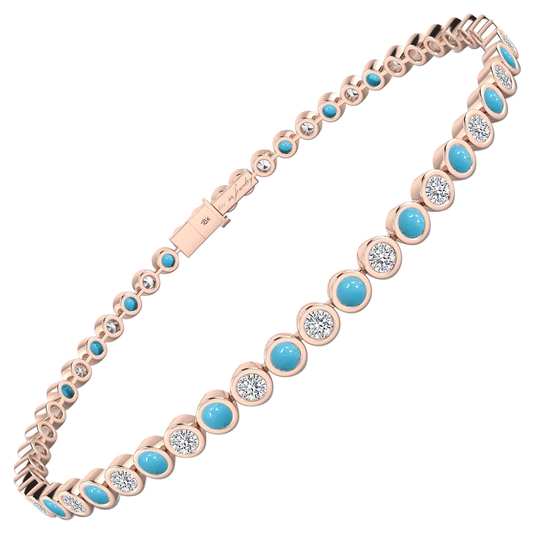 Bracelet tennis en or rose 18 carats serti d'un chaton serti de diamants et de turquoises