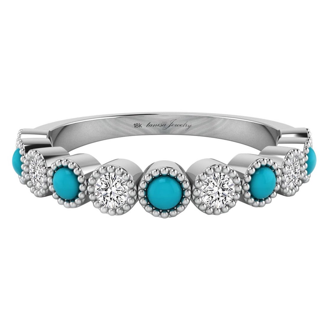 For Sale:  Diamond & Turquoise Bezel Set Ring with Milgrain in 18 Karat White Gold