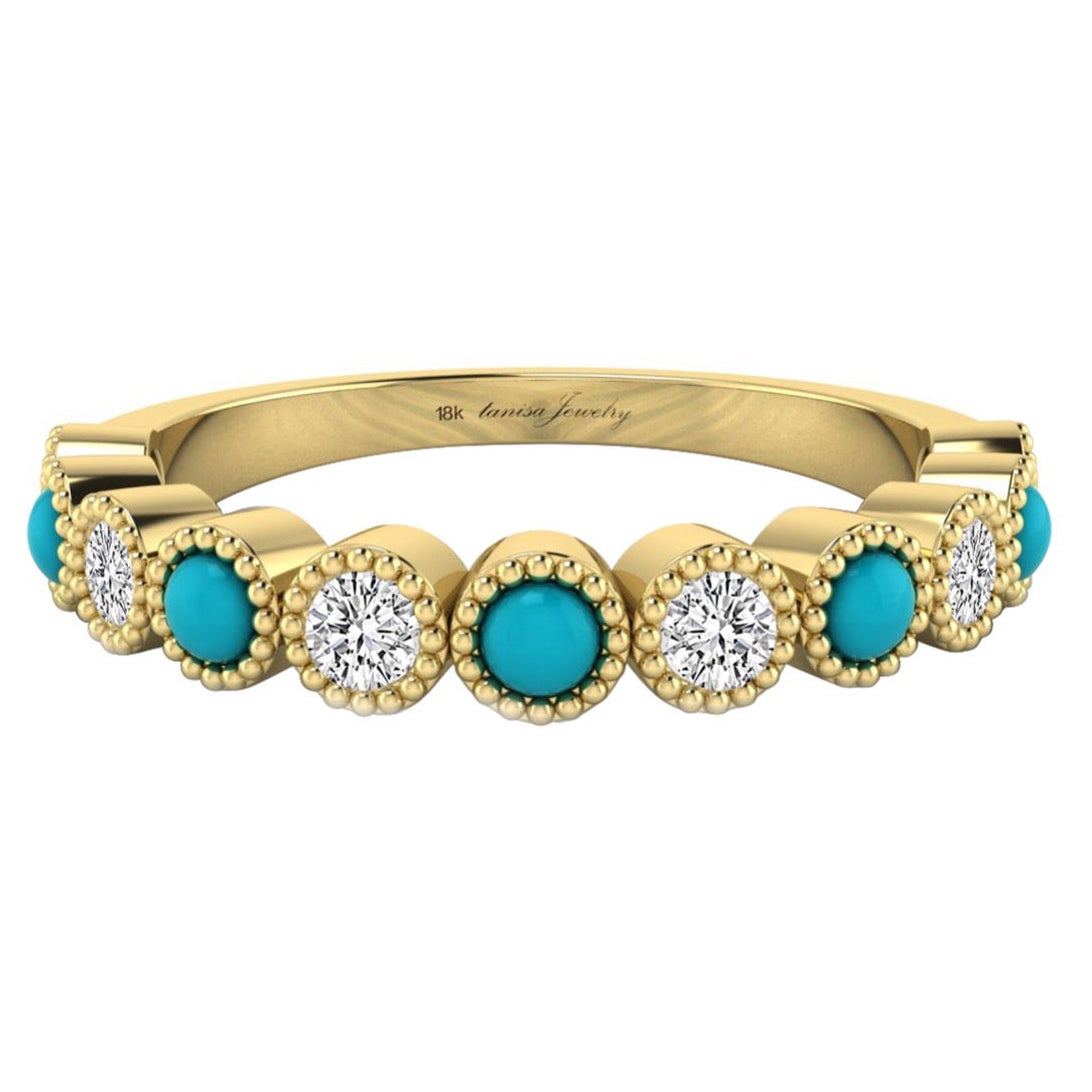 Im Angebot: Diamant- und Türkis-Ring mit Lünettenfassung und Milgrain aus 18 Karat Gelbgold ()