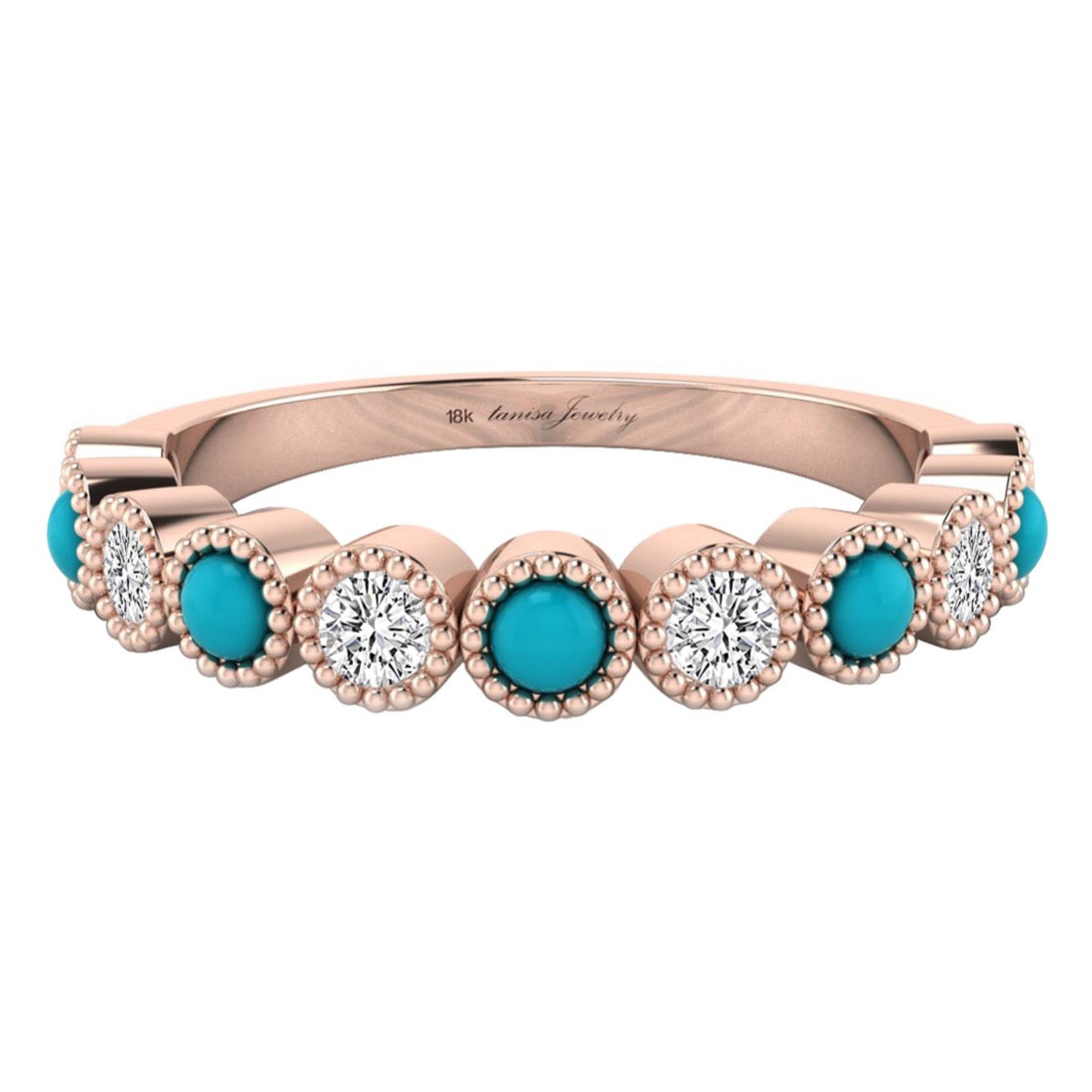For Sale:  Diamond & Turquoise Bezel Set Ring with Milgrain in 18 Karat Rose Gold