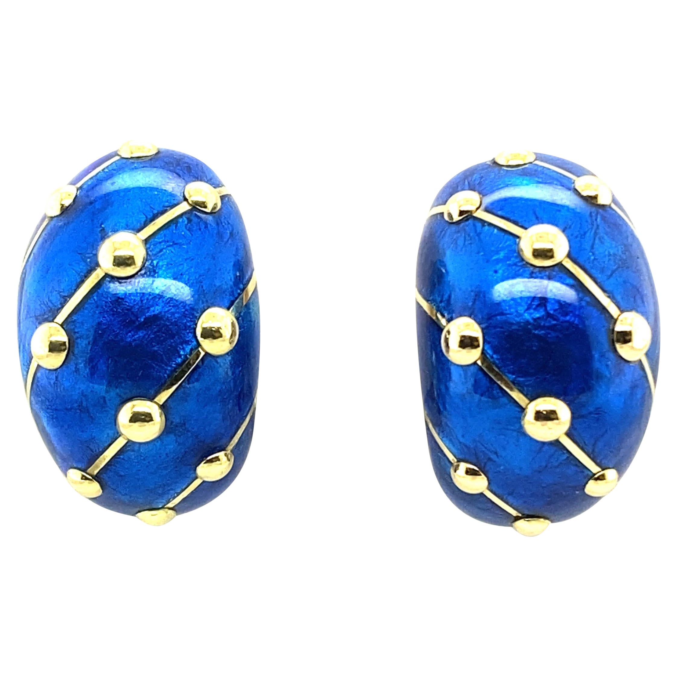 Pair of Gold and Blue Paillonné Enamel 'Banana' Earrings by Jean Schlumberger