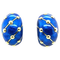 Vintage Pair of Gold and Blue Paillonné Enamel 'Banana' Earrings by Jean Schlumberger