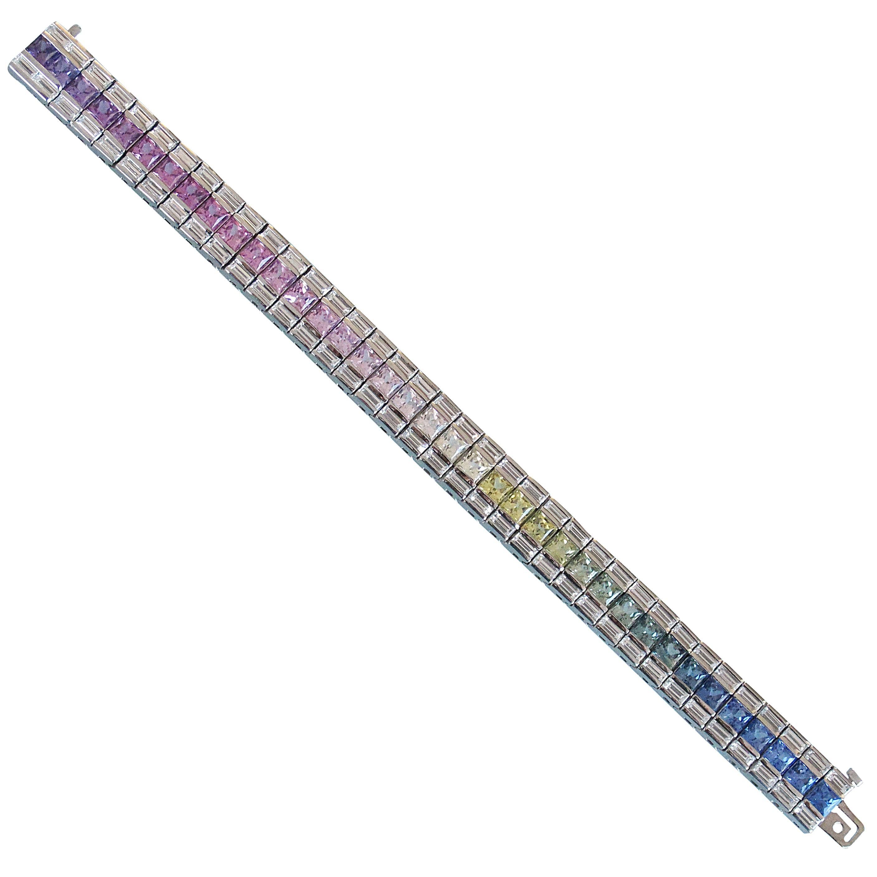 Stunning Fancy Rainbow Sapphire Platinum Line Bracelet For Sale