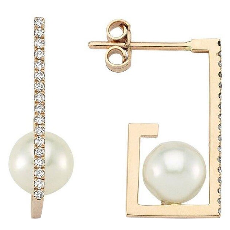 OWN Your Story 14K Gold Delicate Edge Pearl Earrings with Diamonds For Sale