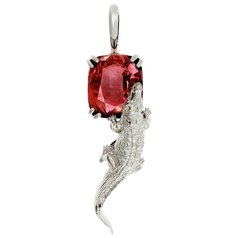 White Gold Contemporary Pendant Necklace with Six Carats Red Sapphire For Sale
