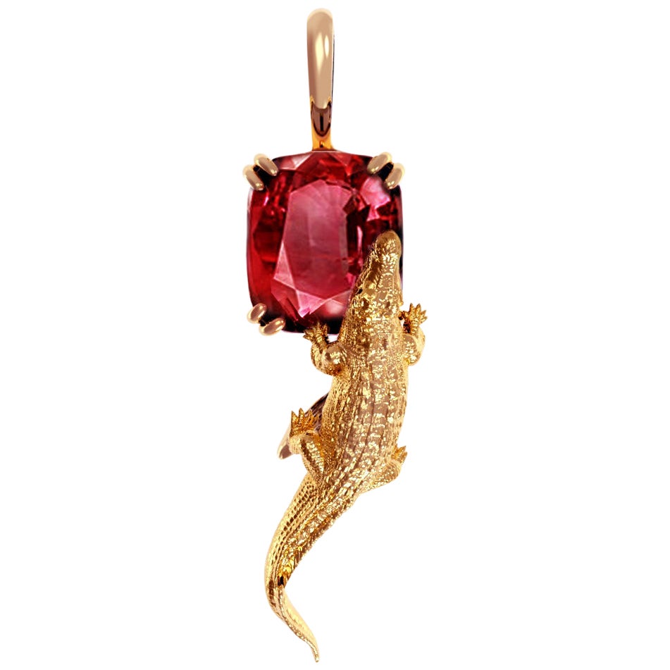 Yellow Gold Contemporary Pendant Necklace with Six Carats Red Sapphire For Sale