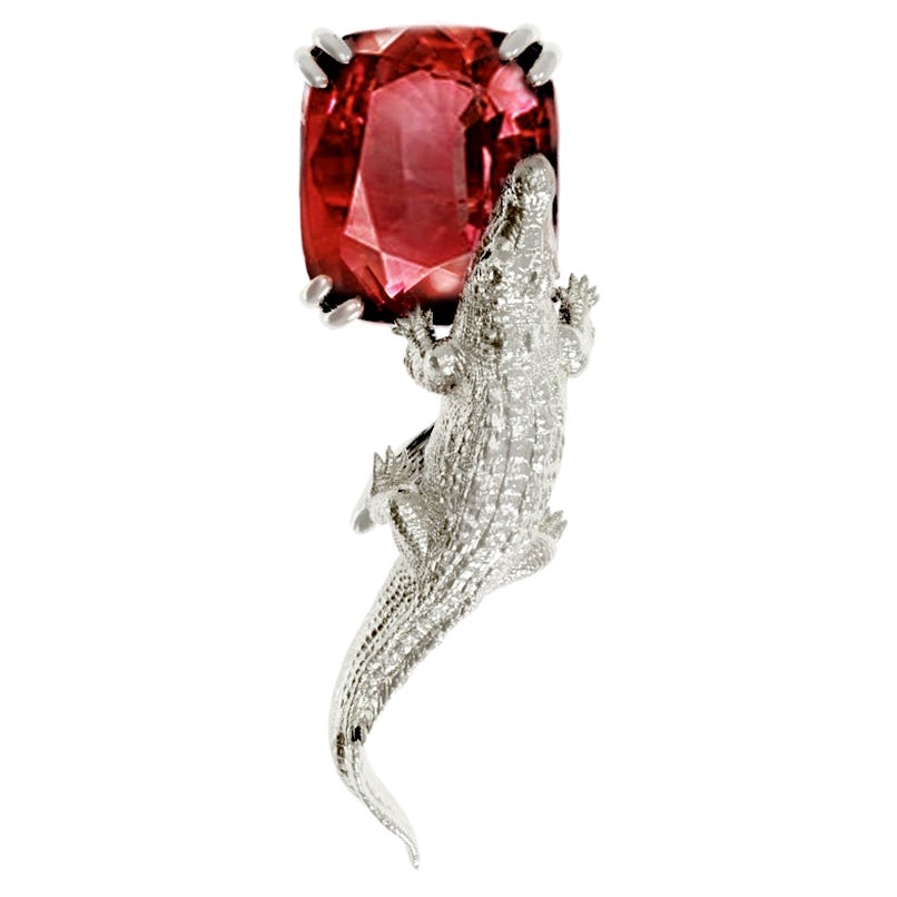 White Gold Contemporary Brooch with Six Carats Red Pink Malaia Garnet