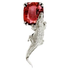 White Gold Contemporary Brooch with Six Carats Red Pink Malaia Garnet