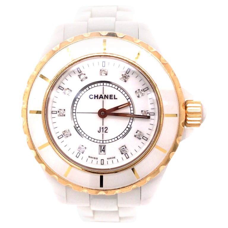Chanel J12 White Ceramic and 18K Yellow Gold Watch with Diamond Markers at  1stDibs  chanel watch white ceramic, chanel black ceramic watch with  diamonds, chanel j12 33mm white