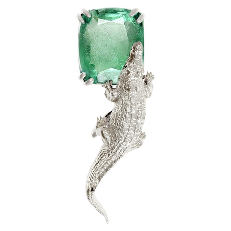 Eighteen Karat White Gold Contemporary Brooch with Three Carats Emerald For Sale
