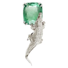 Eighteen Karat White Gold Contemporary Brooch with Three Carats Emerald