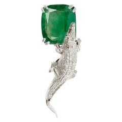 18 Karat White Gold Brooch with 2.23 Cts. Cushion Natural Emerald