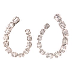 Round and Baguette Diamond Open Hoop Earring in 18K White Gold