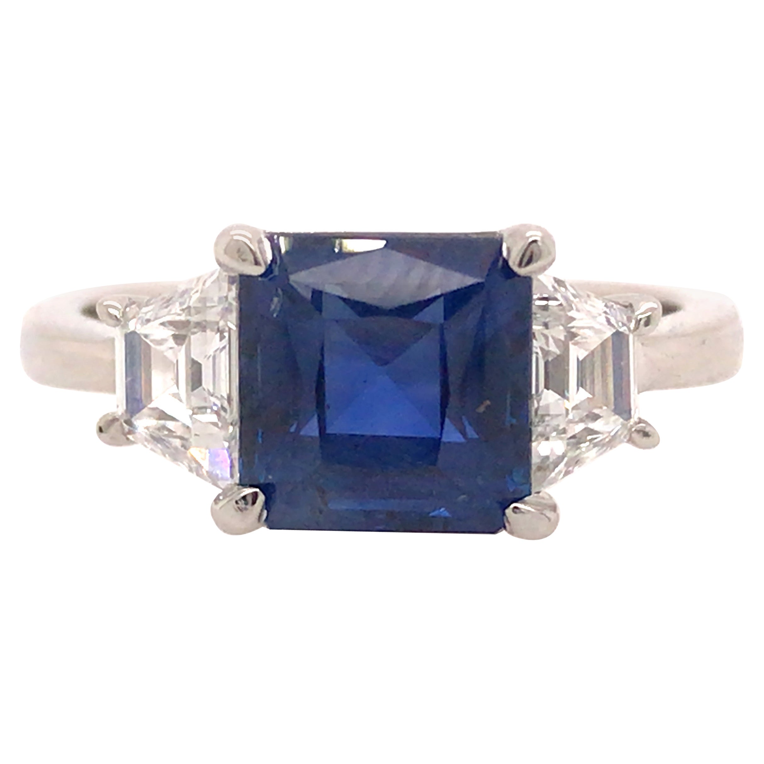 Platinum 2.92 Carat GIA Sapphire and Diamond Three Stone Ring For Sale