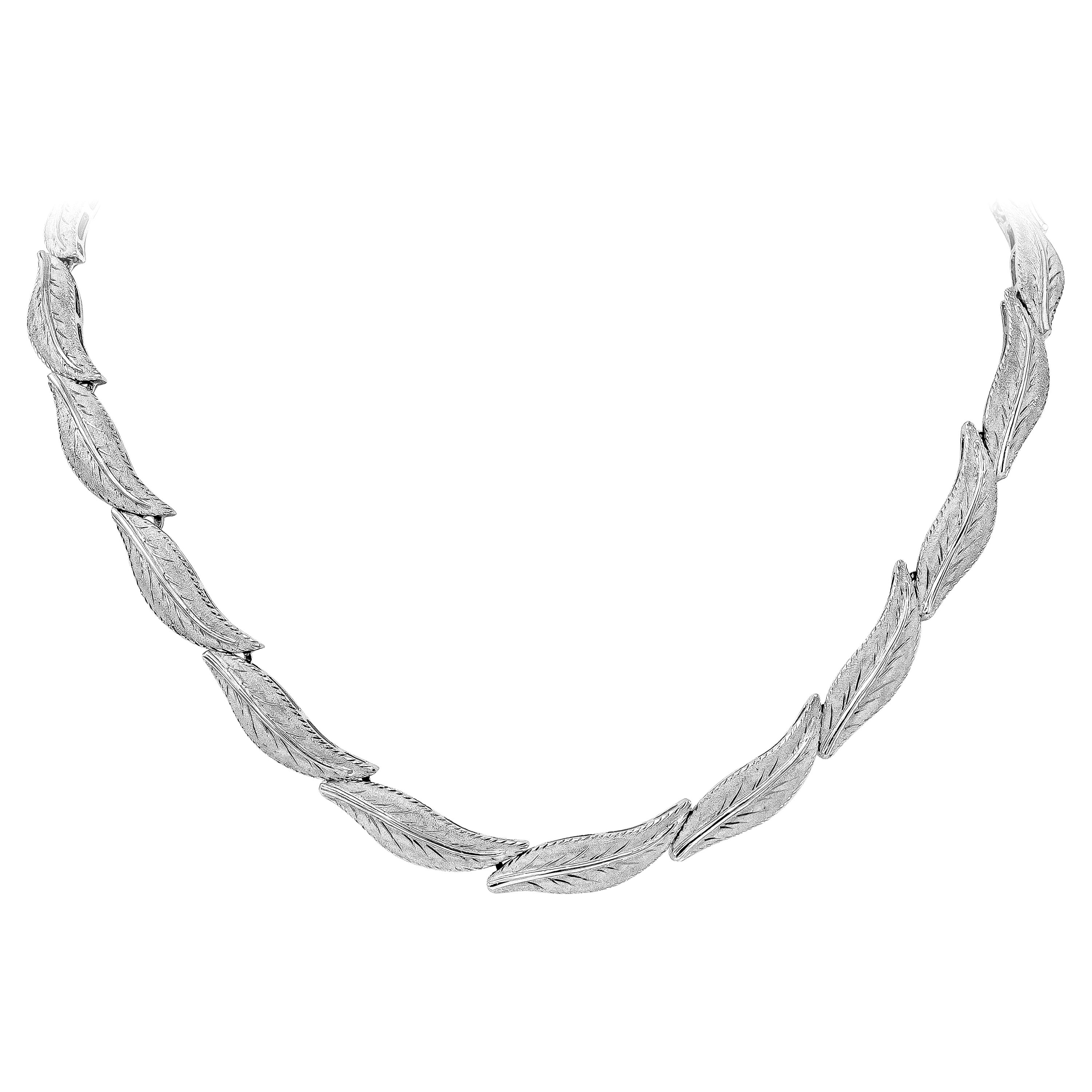 18Karat White Gold Hand-Engraved Leaf Design Necklace