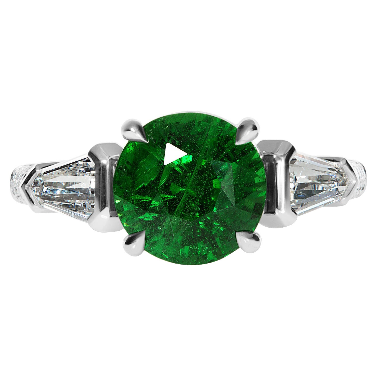 GIA 4.52ct Green Tsavorite Diamond Three Stone Engagement Wedding Platinum Ring For Sale