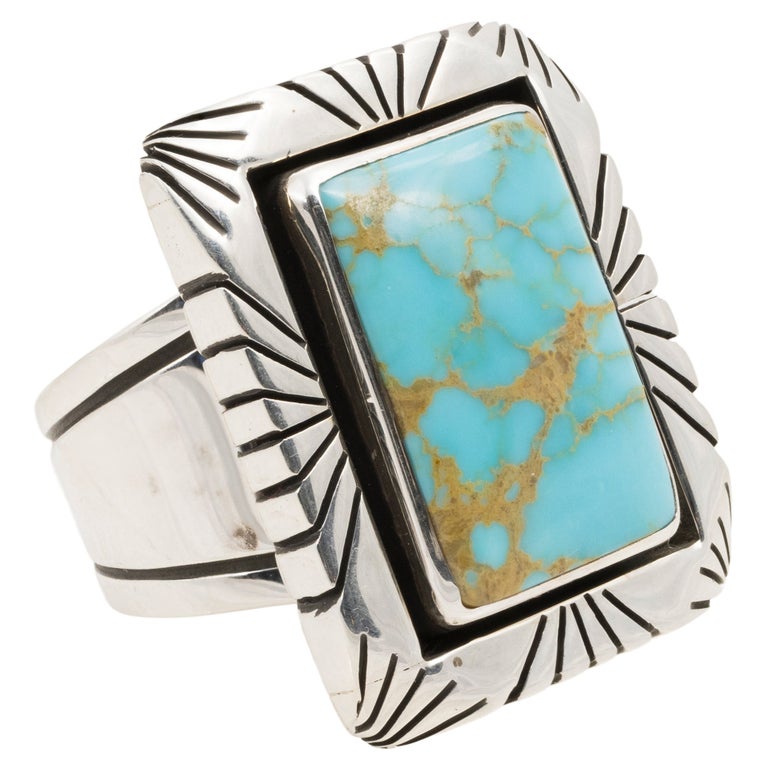 Size 10 ~ Contemporary Native American Navajo D Turquoise Stamped Ring Band #6122 Morgan Sterling Silver