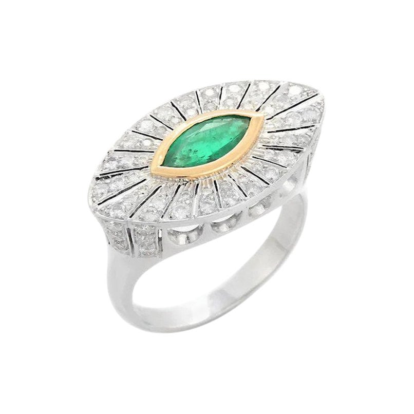 Emerald Diamond 14 Karat Gold Marquise Art Deco Style Ring For Sale