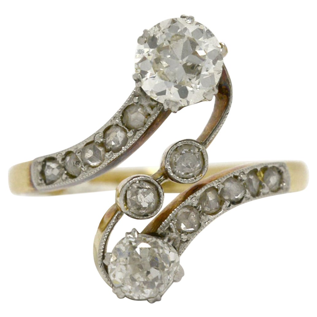 Antique French Toi Et Moi Edwardian Diamond Engagement Ring 2 Tone Platinum Gold