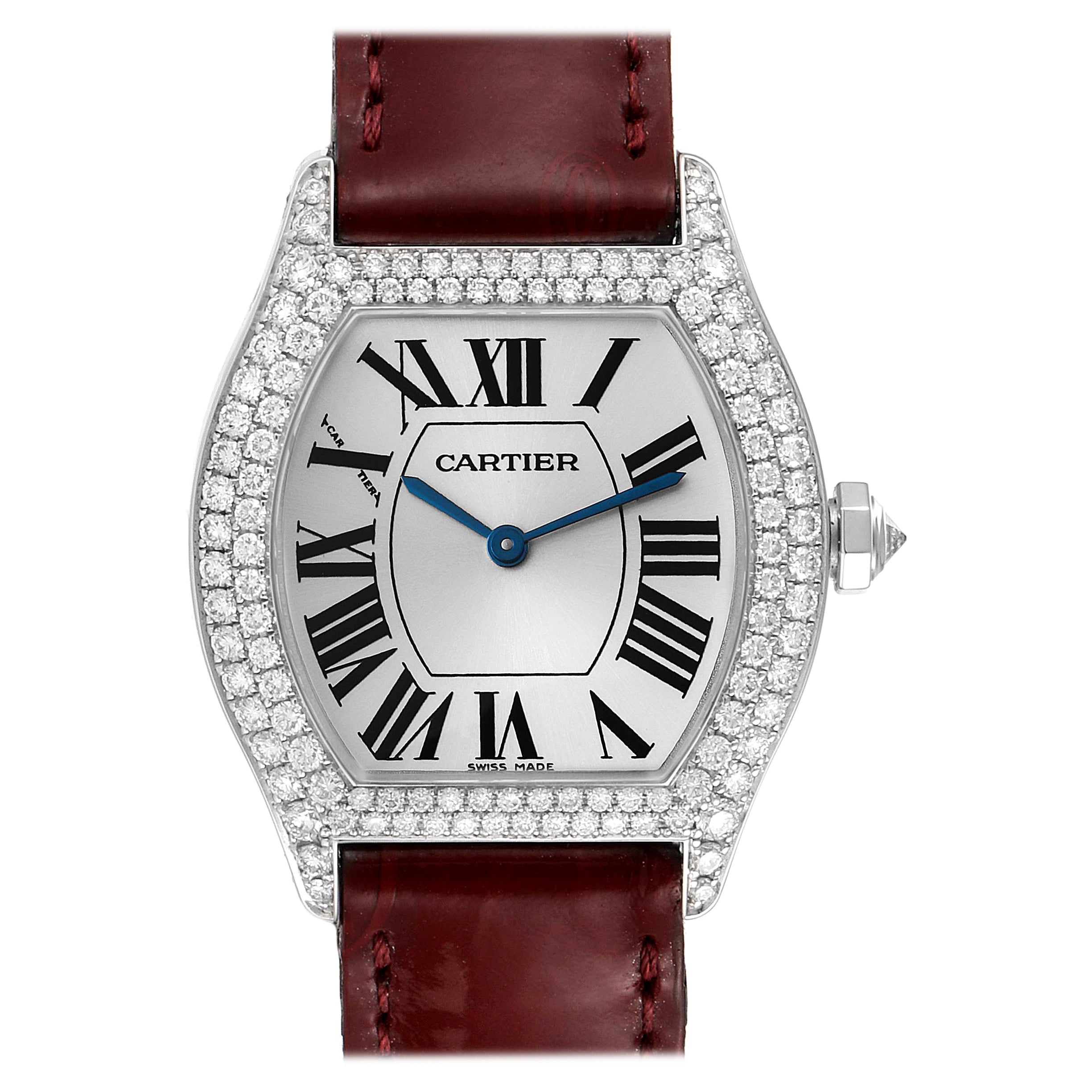 Cartier Tortue 18k White Gold Diamond Burgundy Strap Ladies Watch 2644 For Sale
