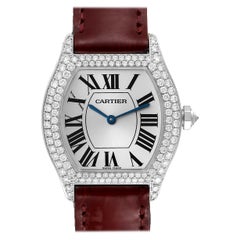 Cartier Tortue 18k White Gold Diamond Burgundy Strap Ladies Watch 2644