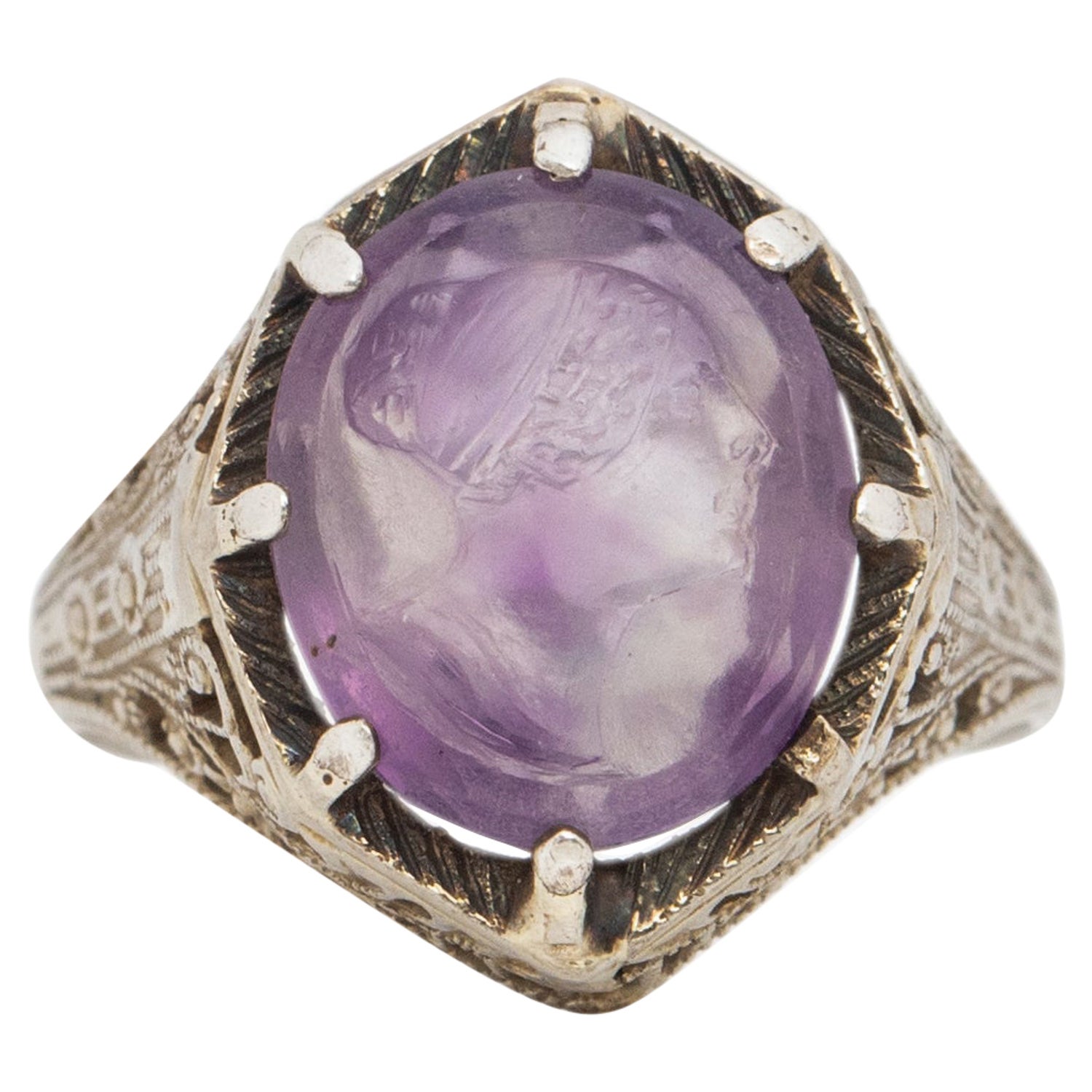 Art Deco 14K White Gold Antique Filigree Amethyst Cameo Statement Ring at  1stDibs