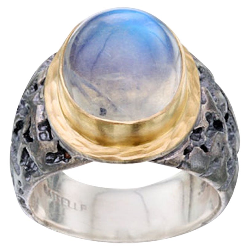 Steven Battelle 10 Carats Rainbow Moonstone Oxidized Silver 18K Gold Ring