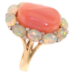 Orange Coral Opal Diamond Ring in 18K Rose Gold
