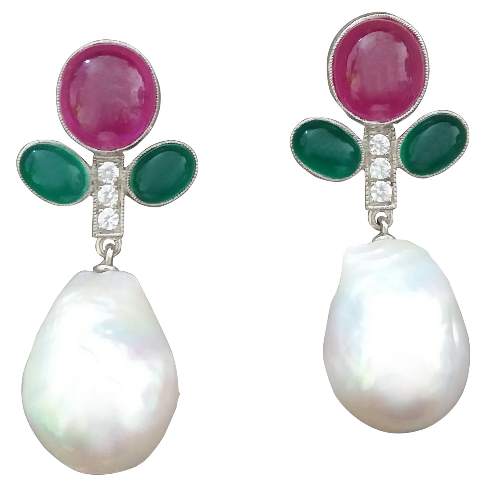 Tutti Frutti Style Rubies Emeralds Gold Diamonds Baroque Pearls Dangle Earrings