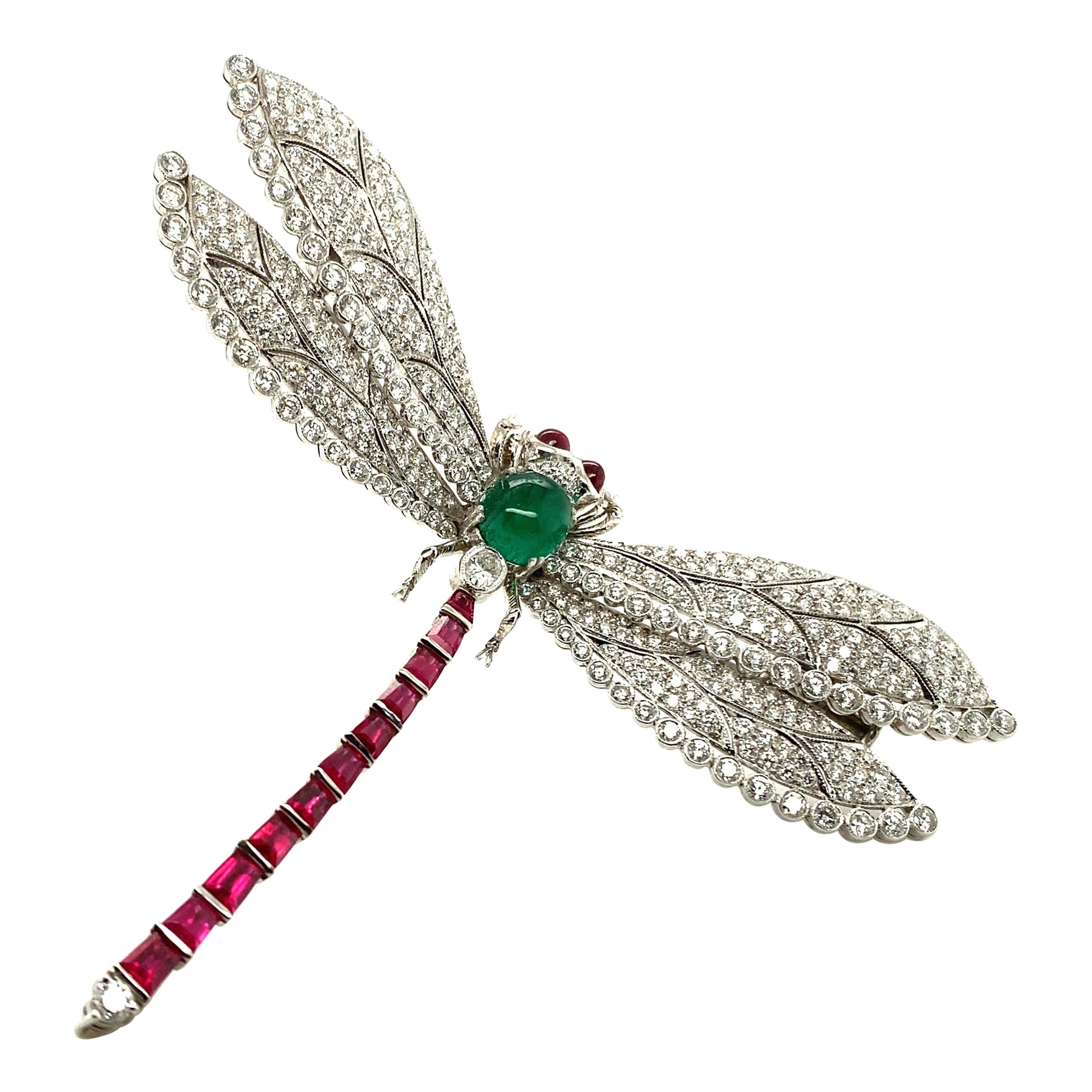 Spectacular Art Deco Style Dragonfly Brooch in 18 Karat White Gold