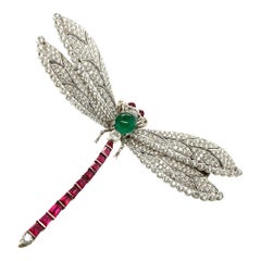 Spectacular Art Deco Style Dragonfly Brooch in 18 Karat White Gold