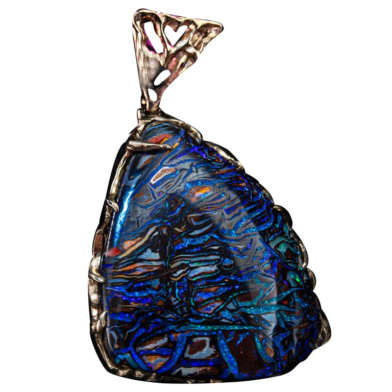 Boulder Opal Pendant Yellow Gold Unisex Necklace Mens Unisex For Sale